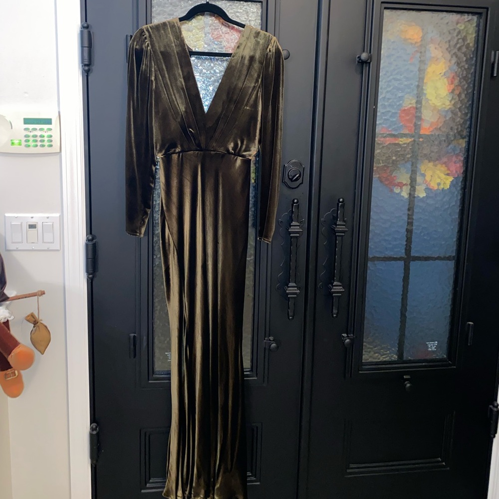 REISS velvet deep plunge olive green gown - Size 2